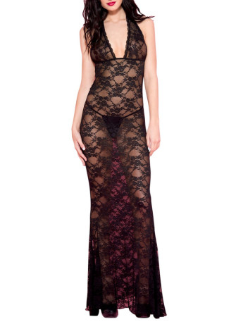 Nuisette longue noire décolletée dentelle florale - ML53012BLK
